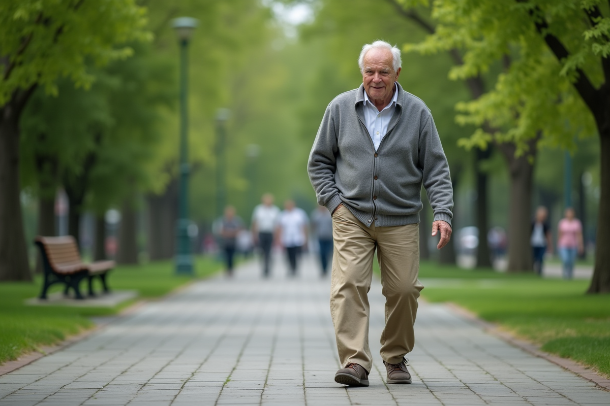 Homme âgé marchant dans un parc urbain verdoyant