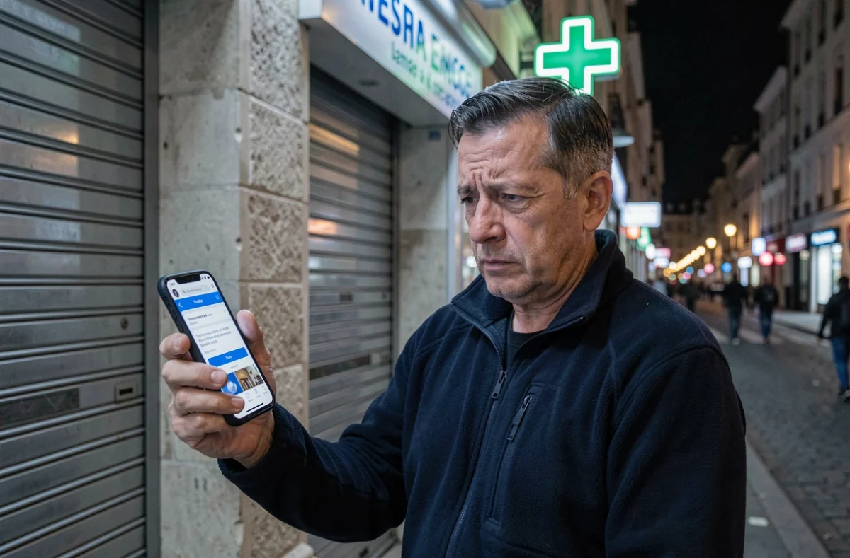 Homme devant une pharmacie fermée cherchant la pharmacie de garde sur son téléphone