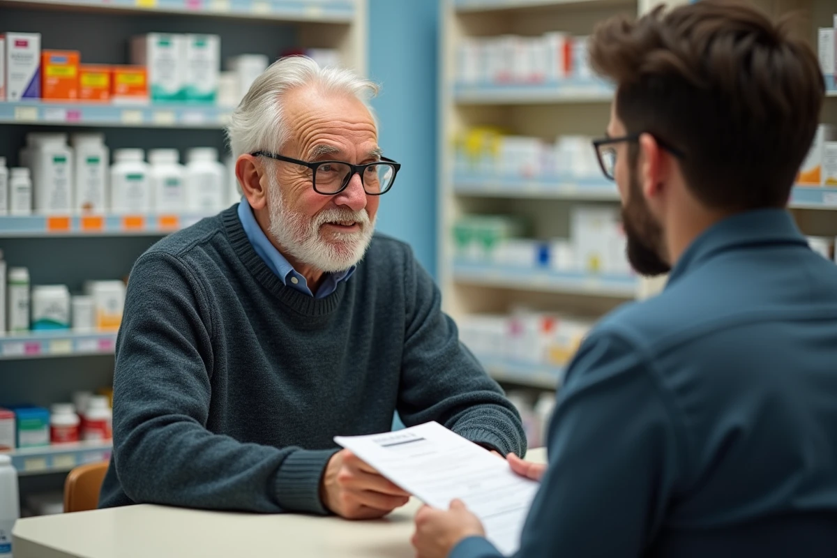 Homme &acirc;g&eacute; discutant avec un pharmacien dans une pharmacie