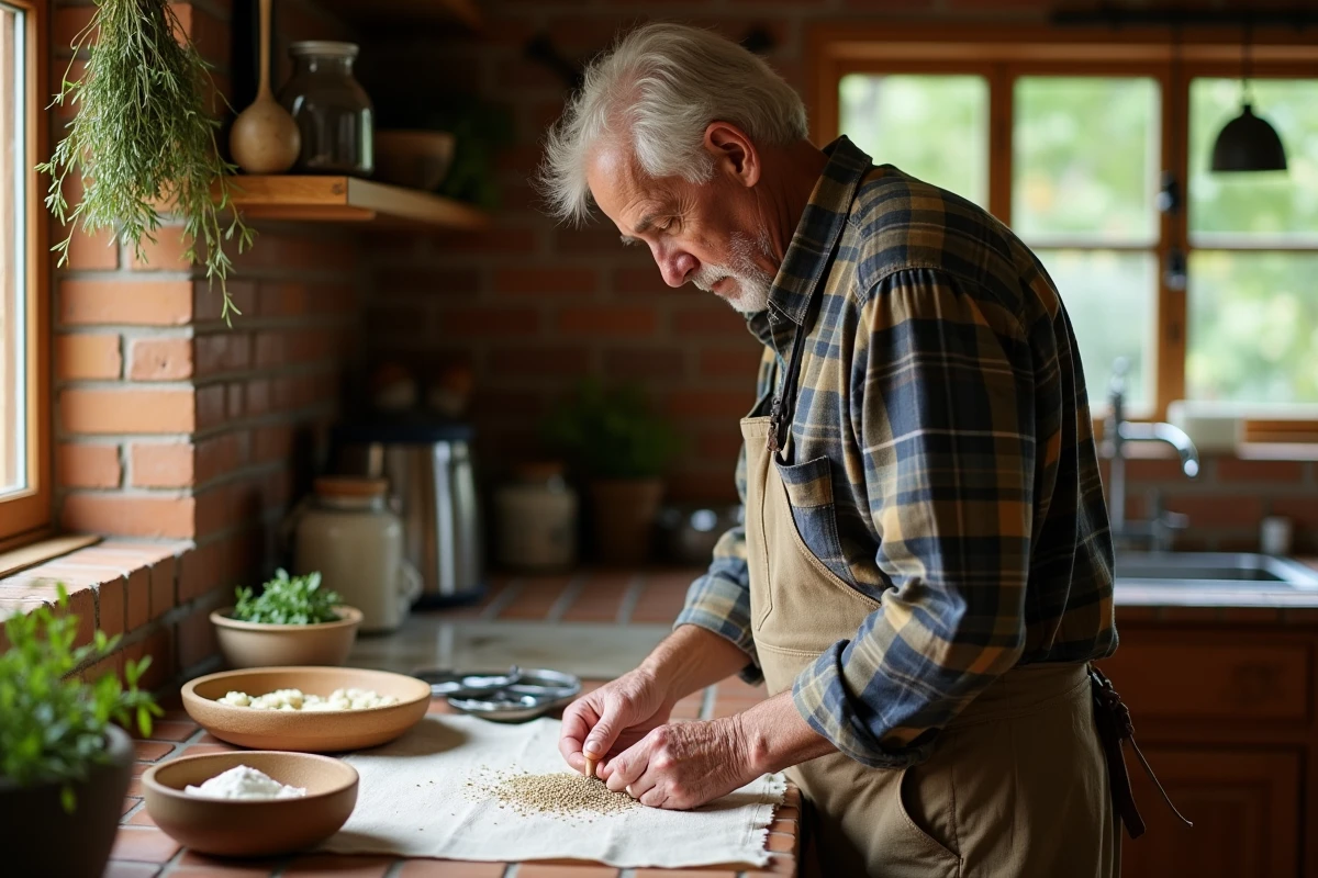 Homme pr&eacute;parant une cataplasme de moutarde dans la cuisine