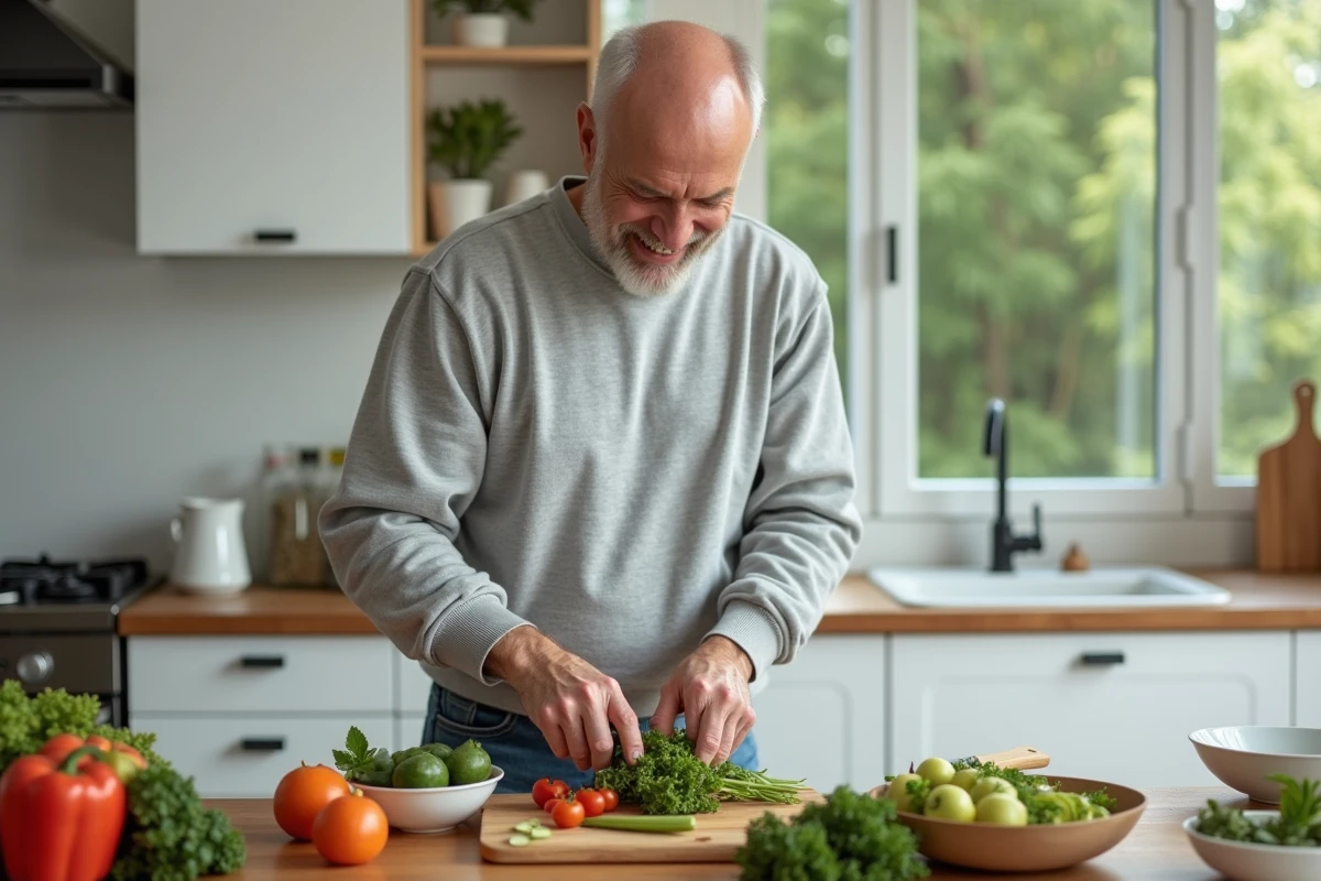 Homme de 48 ans prépare une salade dans la cuisine