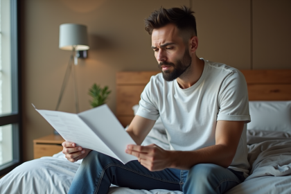 Homme pensif regardant un dépliant santé masculine
