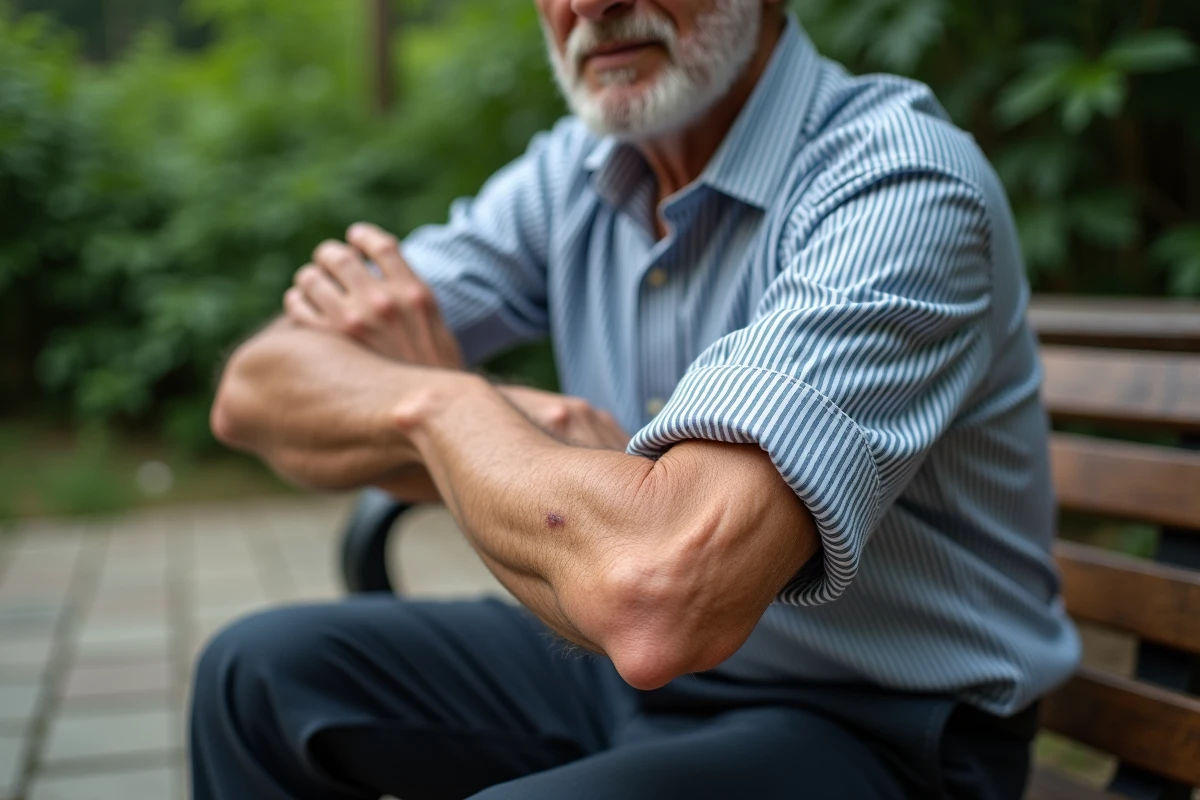 Homme &acirc;g&eacute; montre ses marques sur le bras en plein air