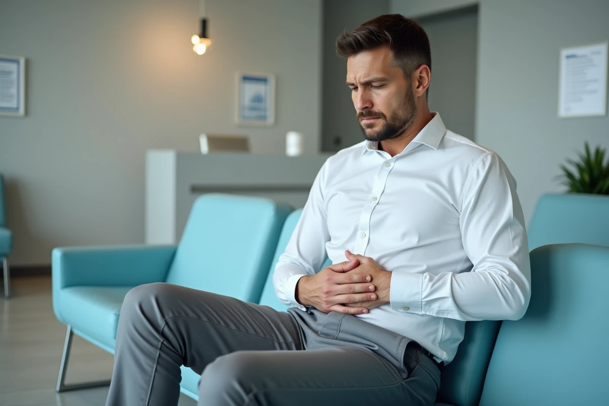 Homme en salle d'attente médicale tenant son bas-ventre gauche avant une consultation