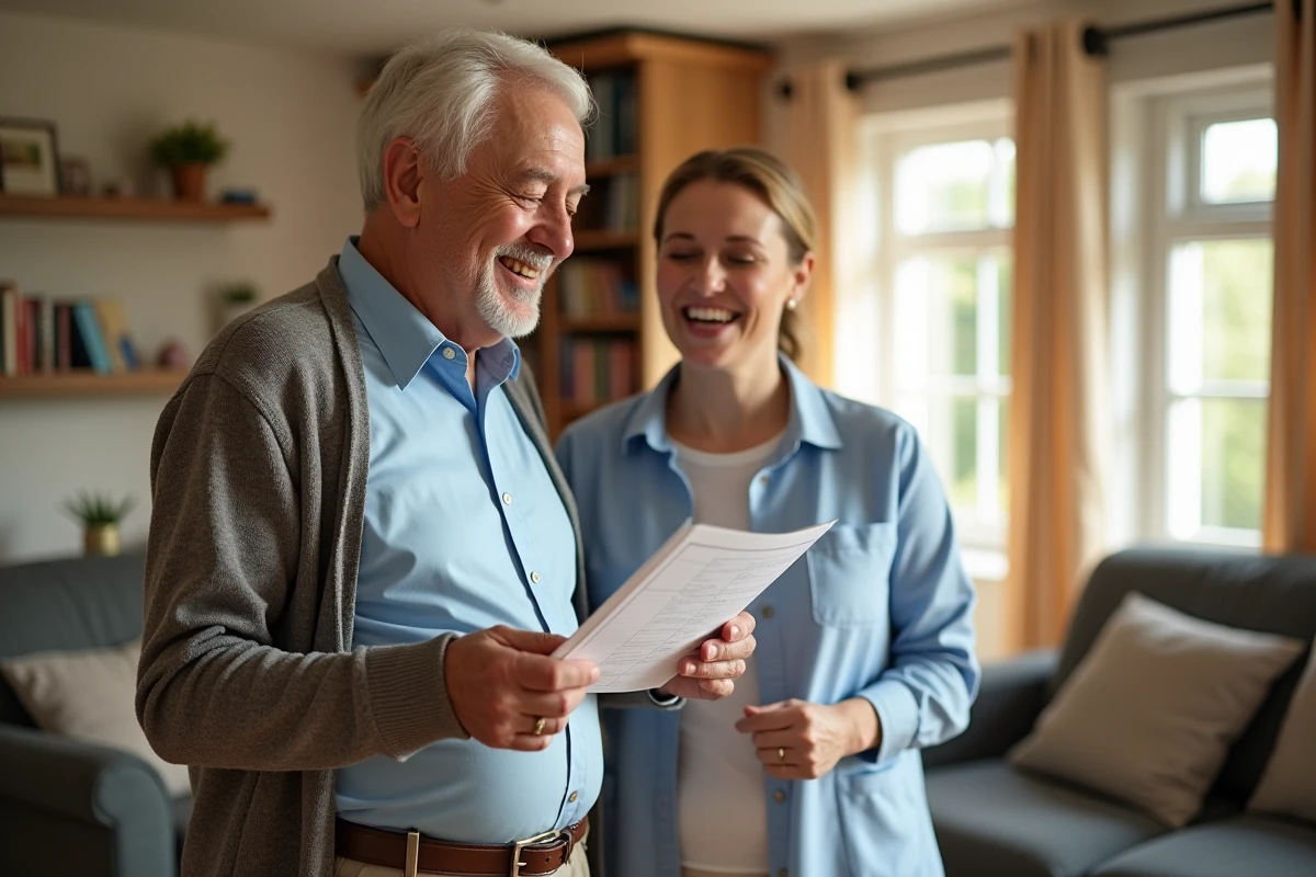 Homme âgé souriant avec aidant dans un salon lumineux