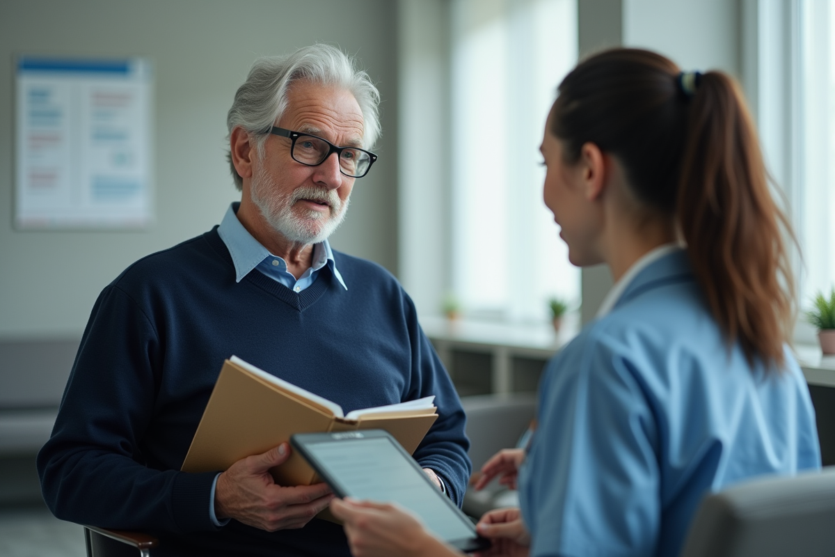 Homme senior discutant avec une infirmière dans une salle d