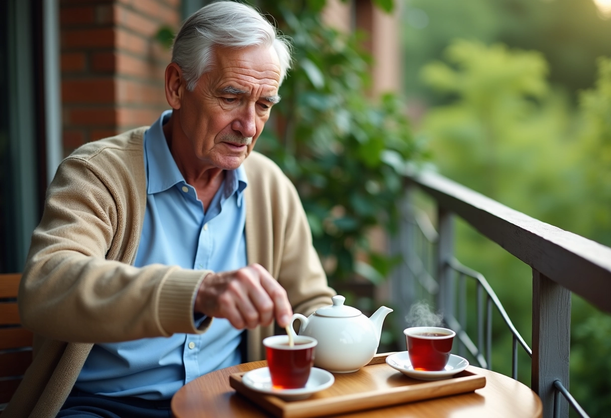 Homme âgé préparant du thé sur un balcon avec jardin vert