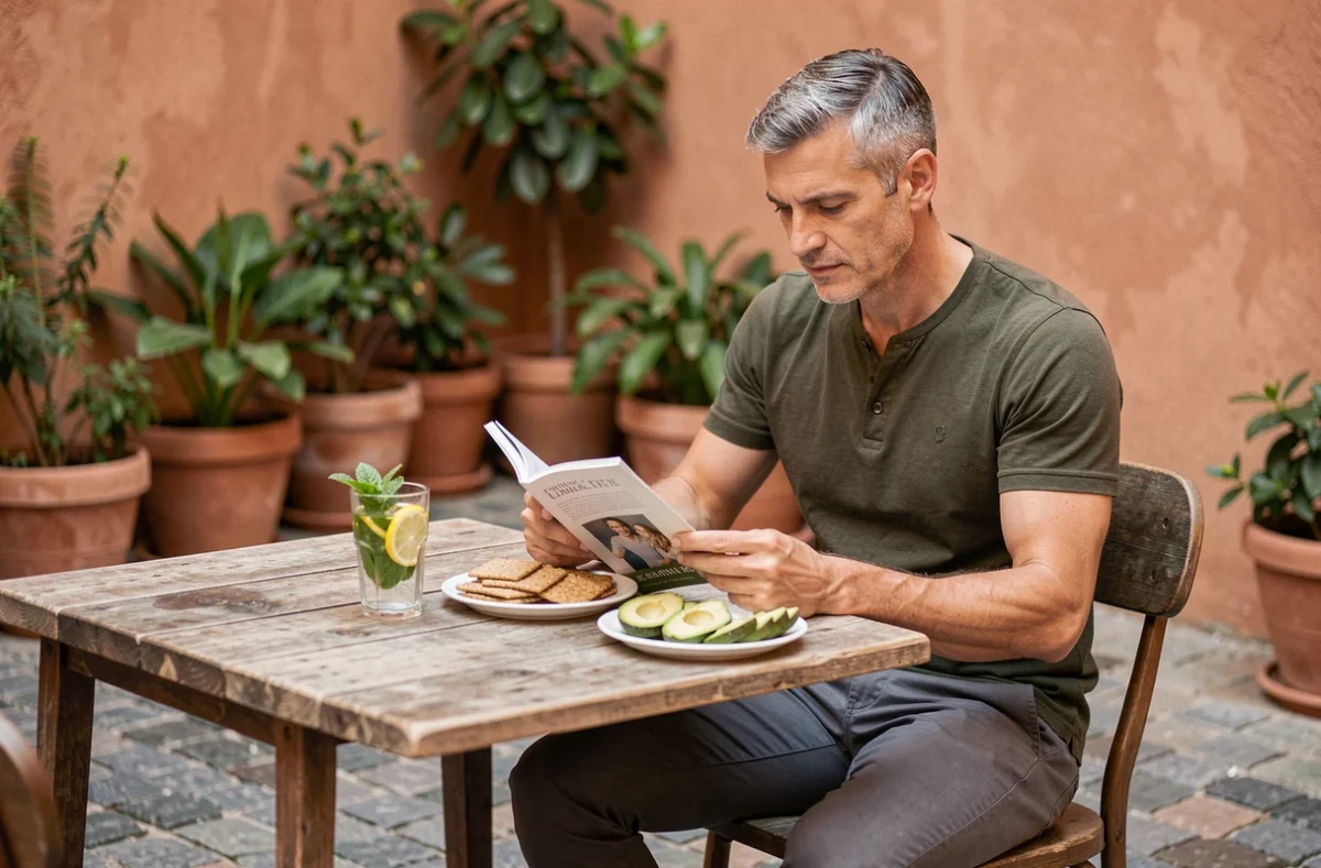 Homme lisant un magazine santé en terrasse avec une eau détox et des aliments riches en fibres, illustrant une approche équilibrée de la digestion et du contrôle du poids