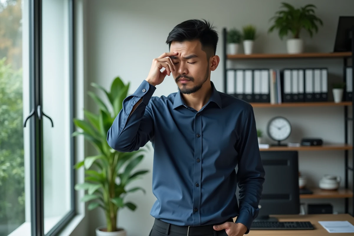Homme d age au bureau regardant pensif par la fenetre