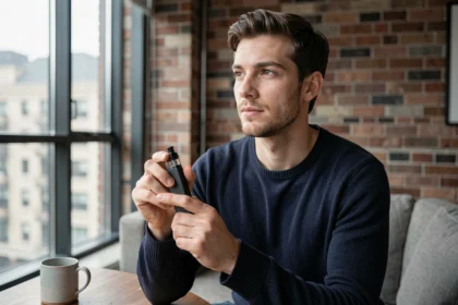 Jeune homme tenant un appareil vape moderne dans un appartement urbain contemporain, illustrant l'utilisation optimisée d'une cigarette électronique jetable Puff 9K