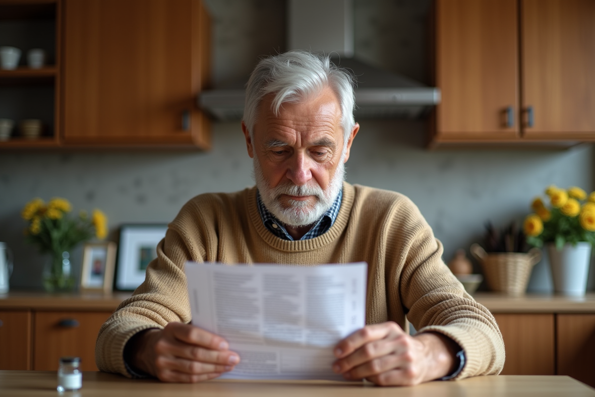 Homme âgé lisant un dépliant sur la vaccination à la maison