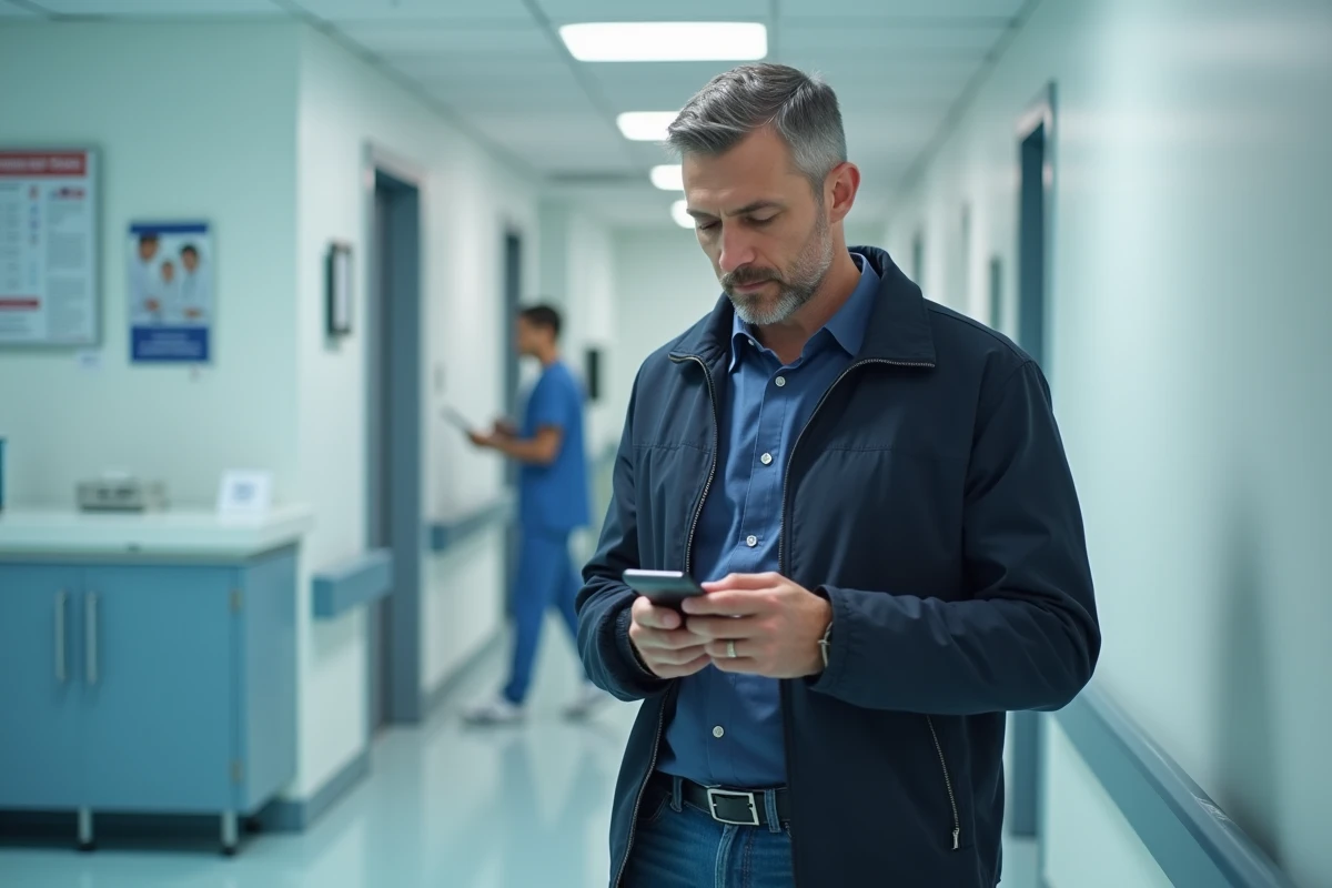 Homme vérifiant ses rendez-vous d'imagerie médicale sur smartphone dans un couloir d'hôpital