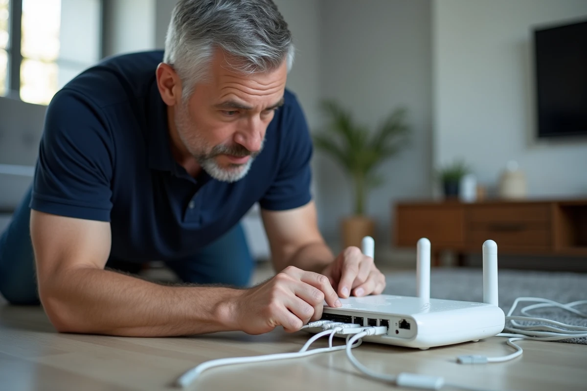 Homme vérifiant les câbles d'un routeur internet blanc pour résoudre un problème de connexion