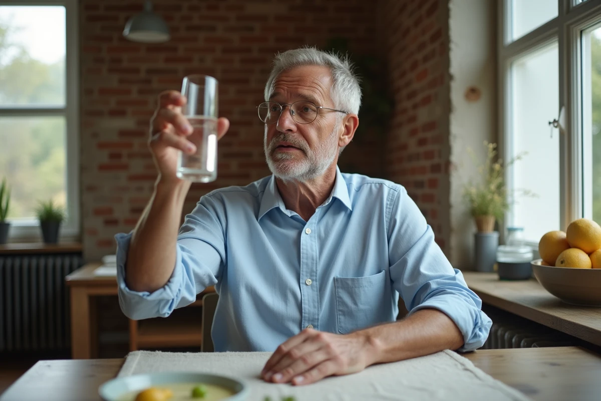 Homme d'âge mûr inspectant un verre d'eau claire à la lumière, symbole de la pureté de l'eau du robinet bénéfique pour les reins