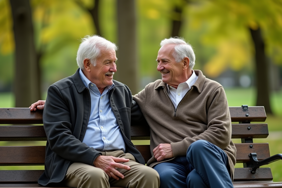 Deux hommes agees assis sur un banc de parc