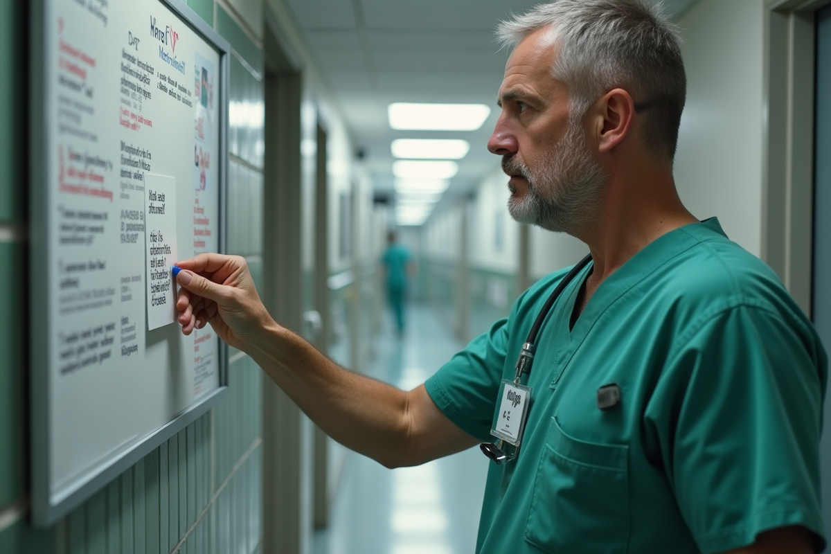 Infirmier en scrubs verts affiche une citation motivante dans le couloir