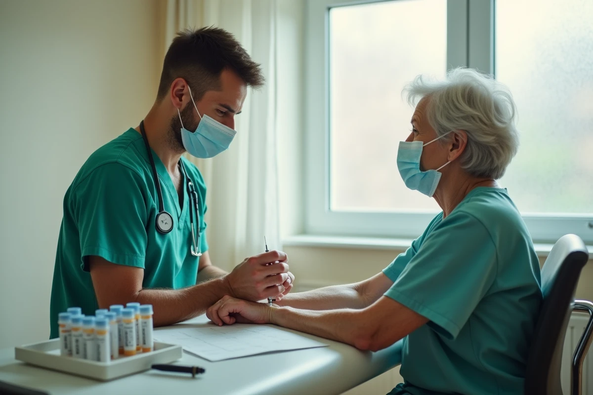 Infirmier réalisant une prise de sang sur une patiente dans un cabinet médical