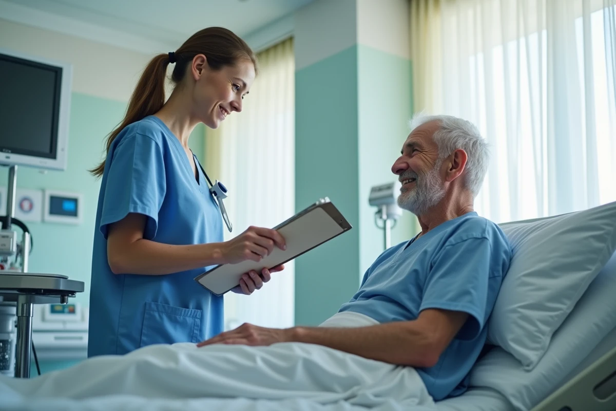Infirmière rassurante avec patient âgé dans l'hôpital