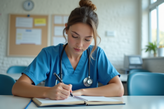 Jeune infirmiere en blouse bleue écrit des citations médicales
