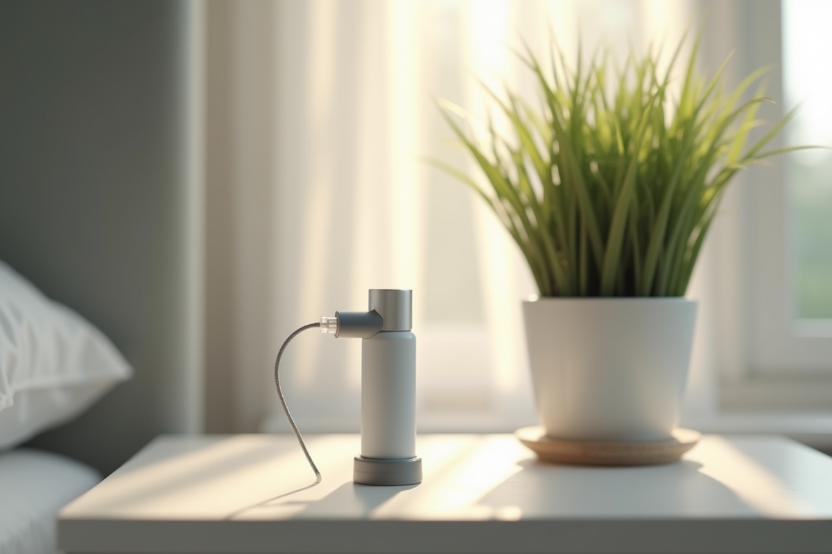 Inhalateur et masque médical sur une table de nuit moderne