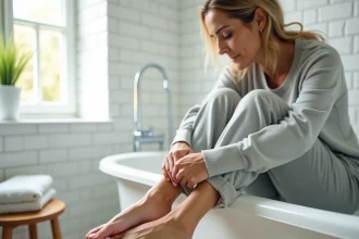 Femme inspectant une corne sous le pied avant d'utiliser une râpe électrique dans une salle de bain