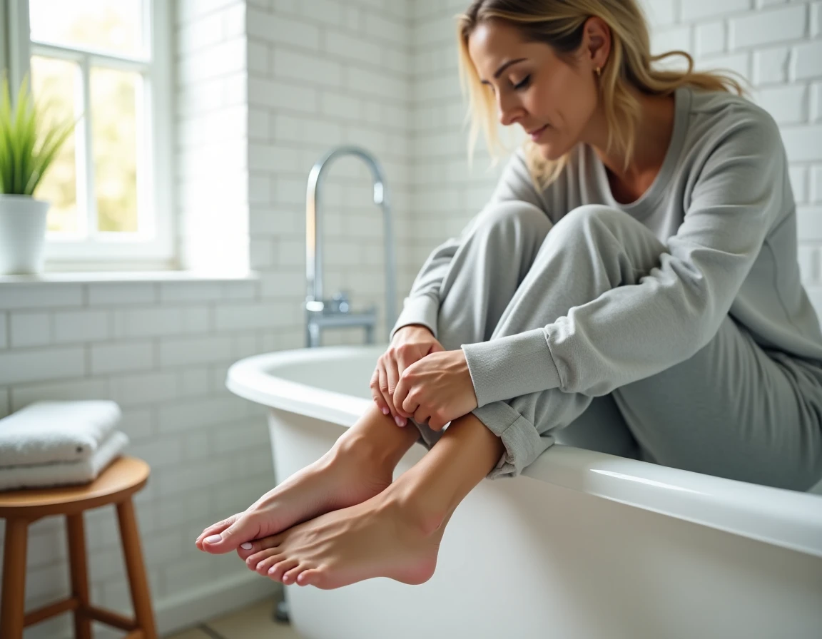 Femme inspectant une corne sous le pied avant d'utiliser une râpe électrique dans une salle de bain