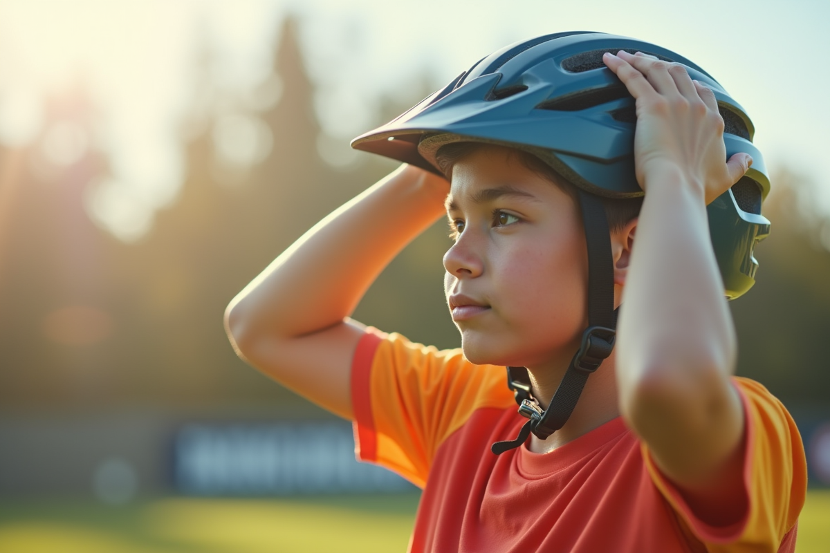 Jeune adulte mettant un casque de protection en extérieur