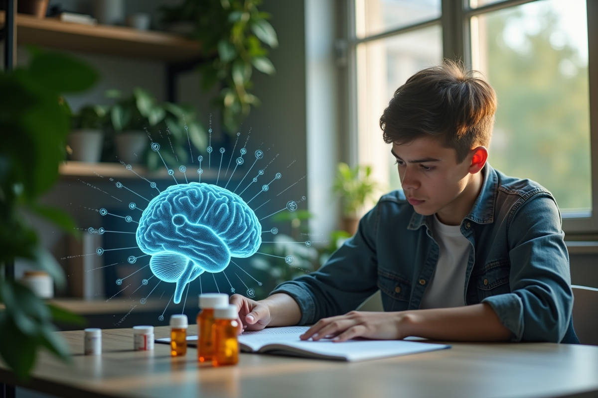 Jeune adulte lisant avec hologramme de cerveau au bureau