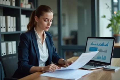 Jeune femme professionnelle en bureau avec laptops et graphiques