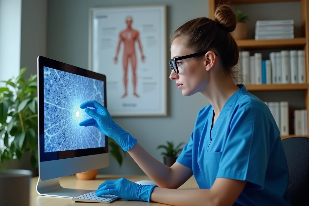 Jeune dermatopathologiste examinant une lame sur un &eacute;cran d