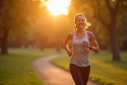 Jeune femme souriante en tenue de sport courant au lever du soleil