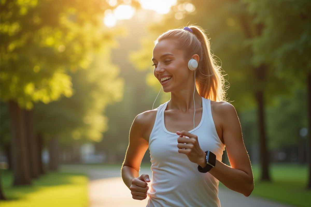 Jeune femme courant dans un parc en souriant
