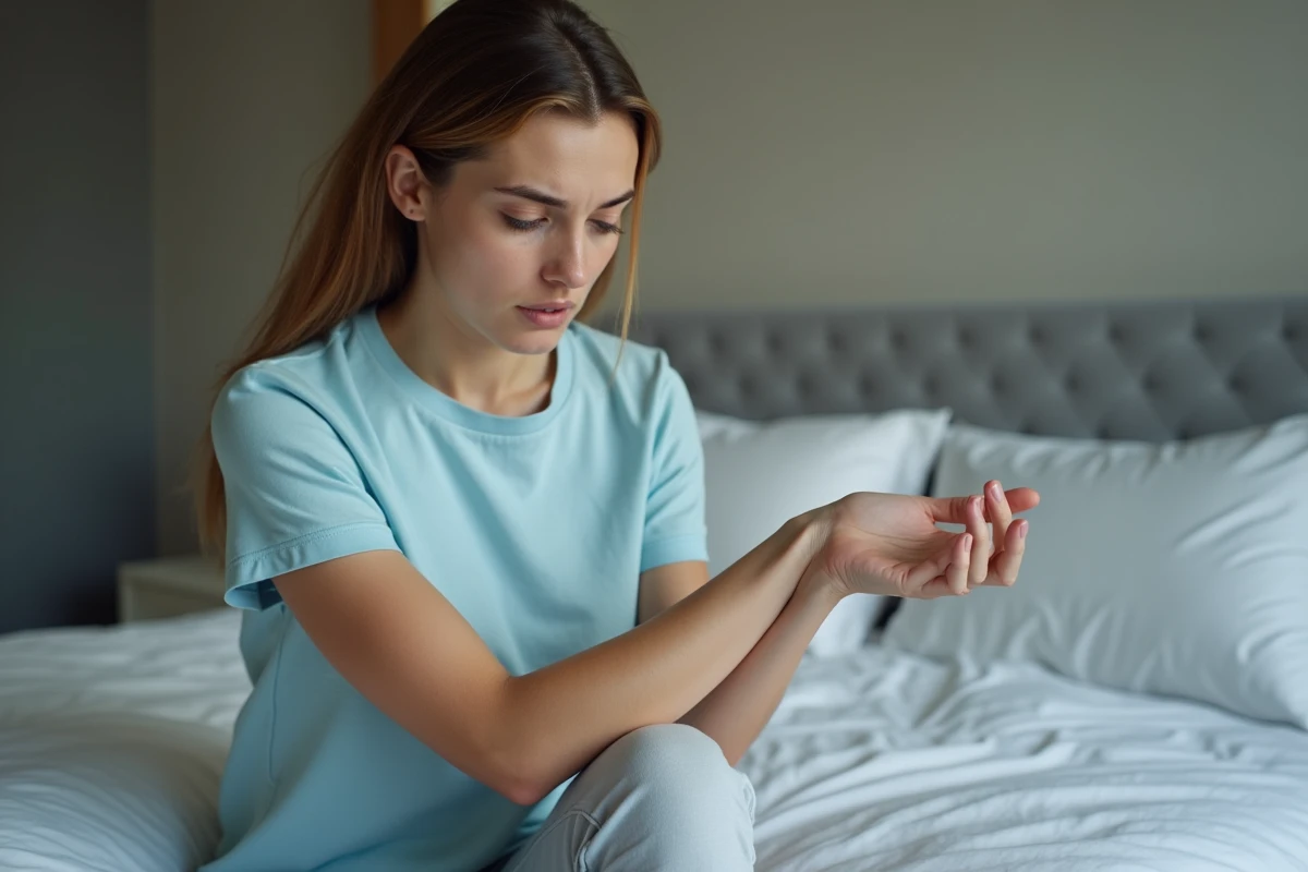 Jeune femme examine ses morsures sur le bras dans une chambre
