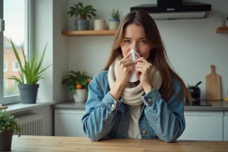 Jeune femme en denim dans une cuisine moderne