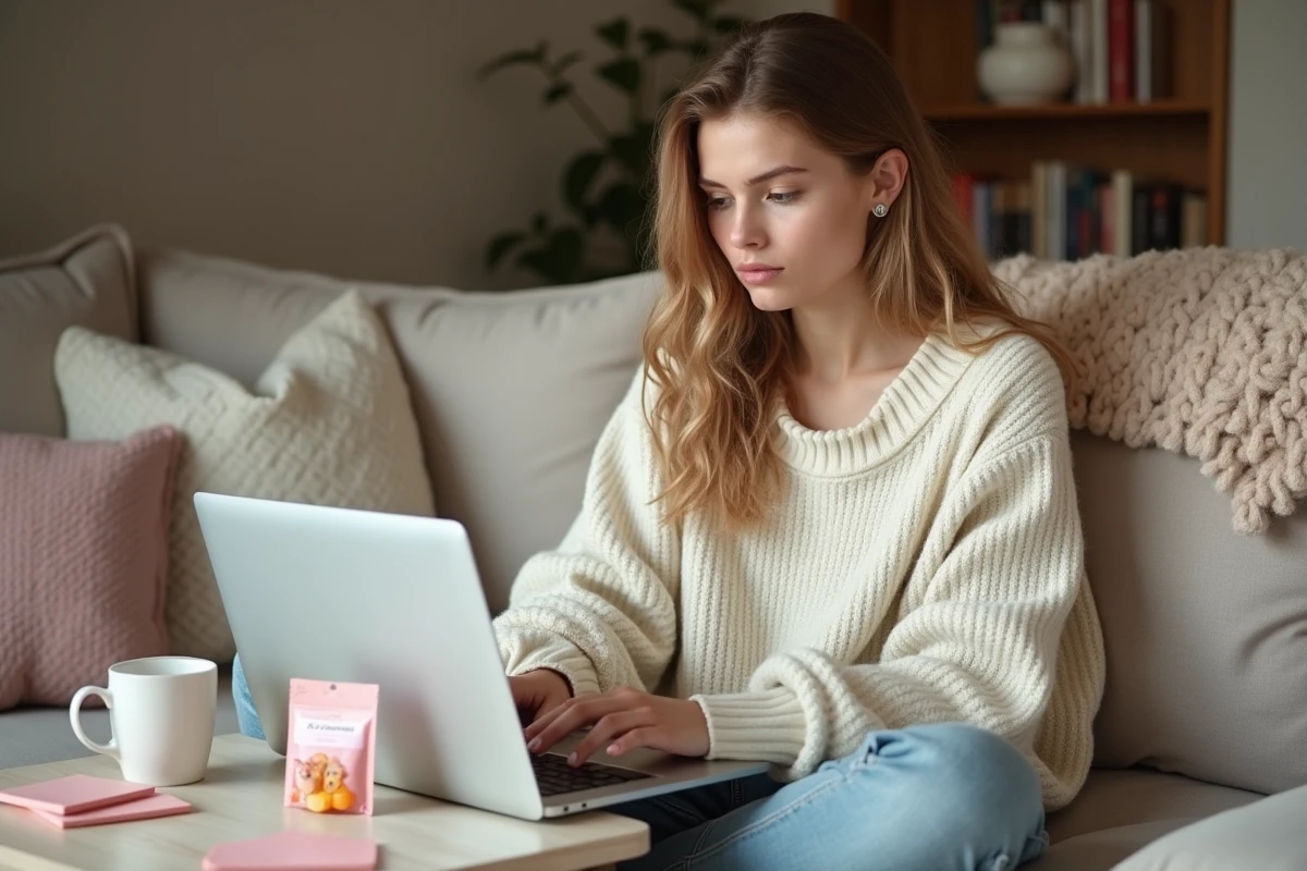 Jeune femme rédigeant un avis sur Bears with Benefits depuis son canapé avec le produit posé sur la table