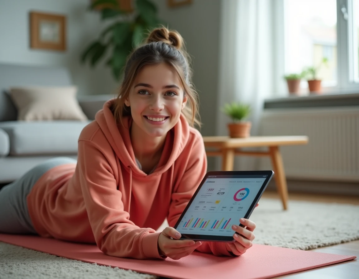 Jeune femme allongée sur un tapis de yoga consultant un tableau de bord de conversion de pas en kilomètres sur une tablette