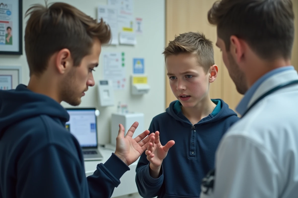 Adolescent montrant son ongle au m&eacute;decin lors d