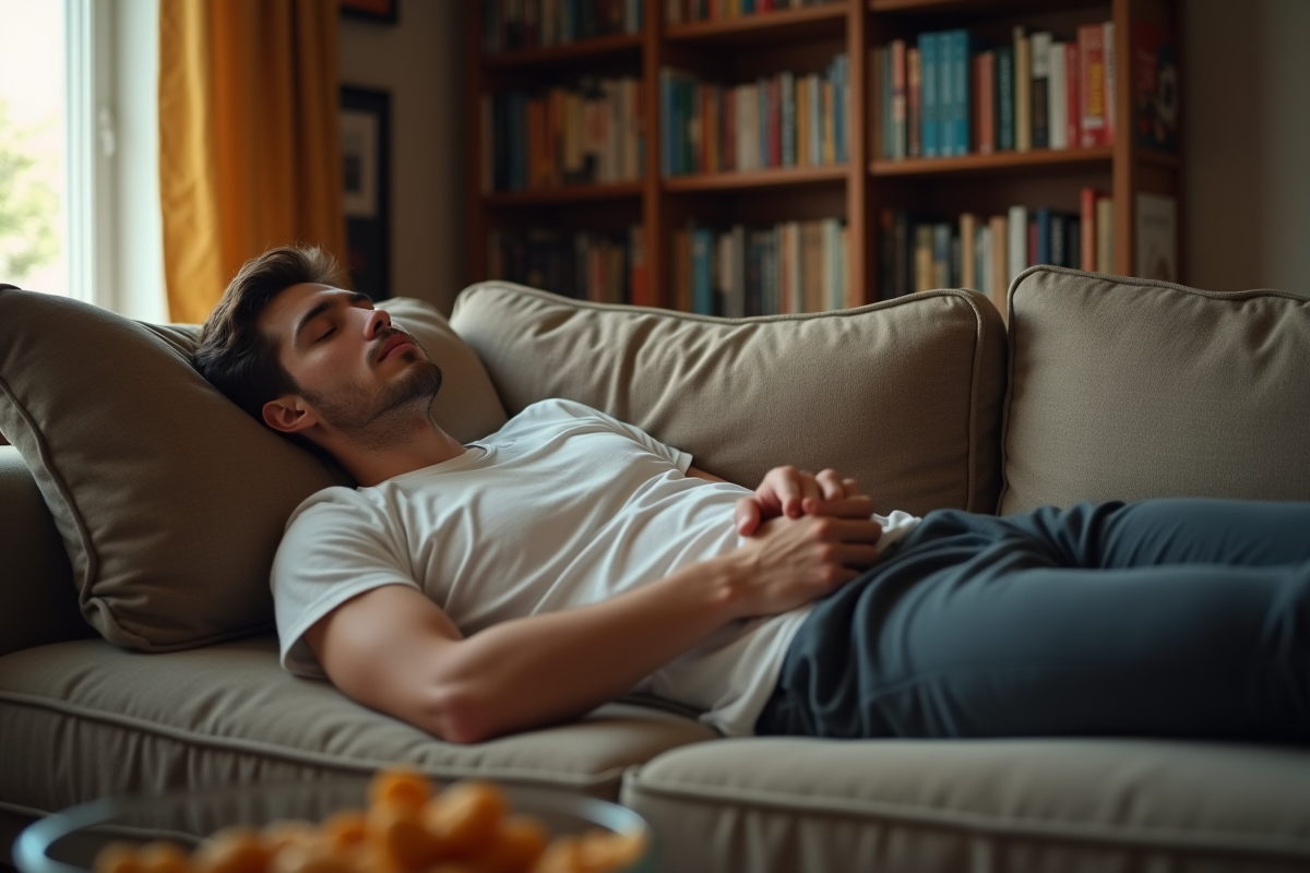 Jeune homme endormi sur un canapé dans le salon