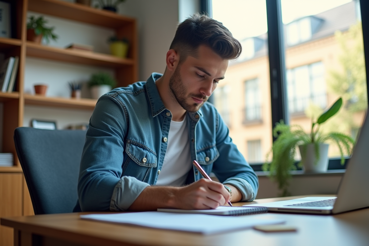 Jeune homme écrivant ses objectifs dans un bureau lumineux