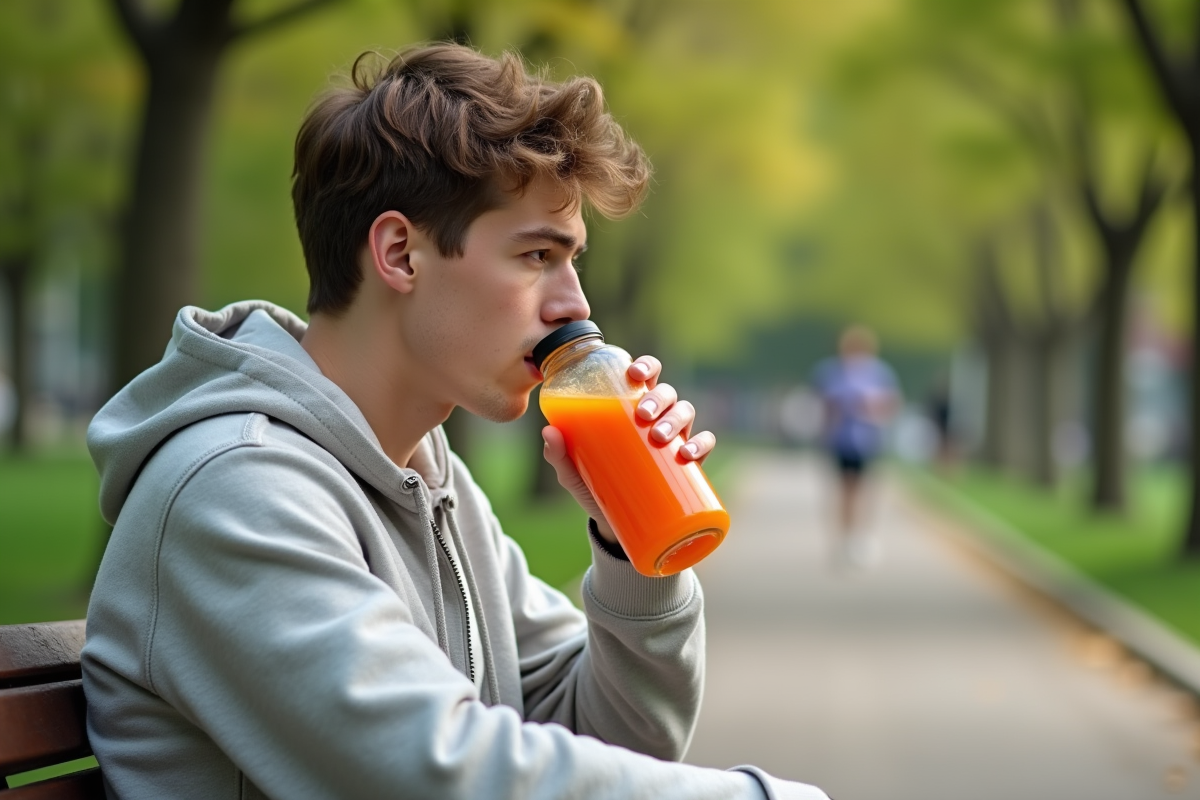 Jeune homme buvant un jus d