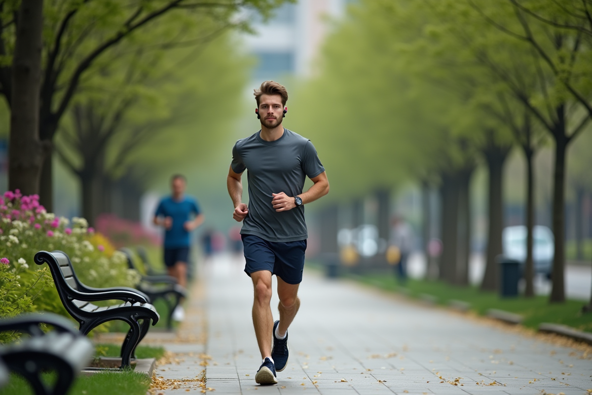 Jeune homme marchant dans un parc urbain