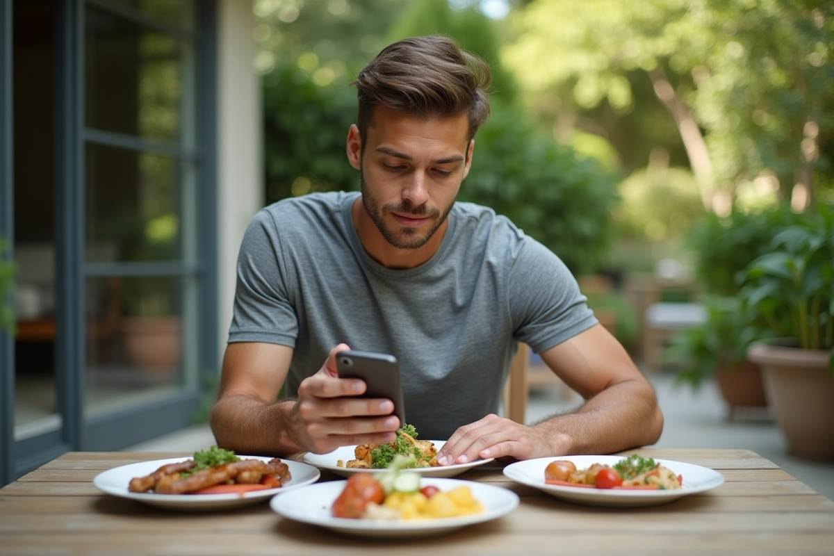 Jeune homme partageant un repas en extérieur