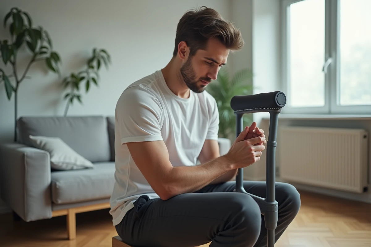 Jeune homme examinant le réglage du coude-appui de sa béquille avant-bras dans un appartement moderne