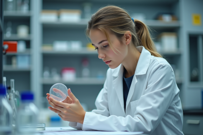 Jeune scientifique en laboratoire &eacute;tudiant une bo&icirc;te de Petri