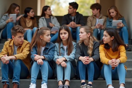 Groupe de jeunes assis sur les marches de l'école en journée