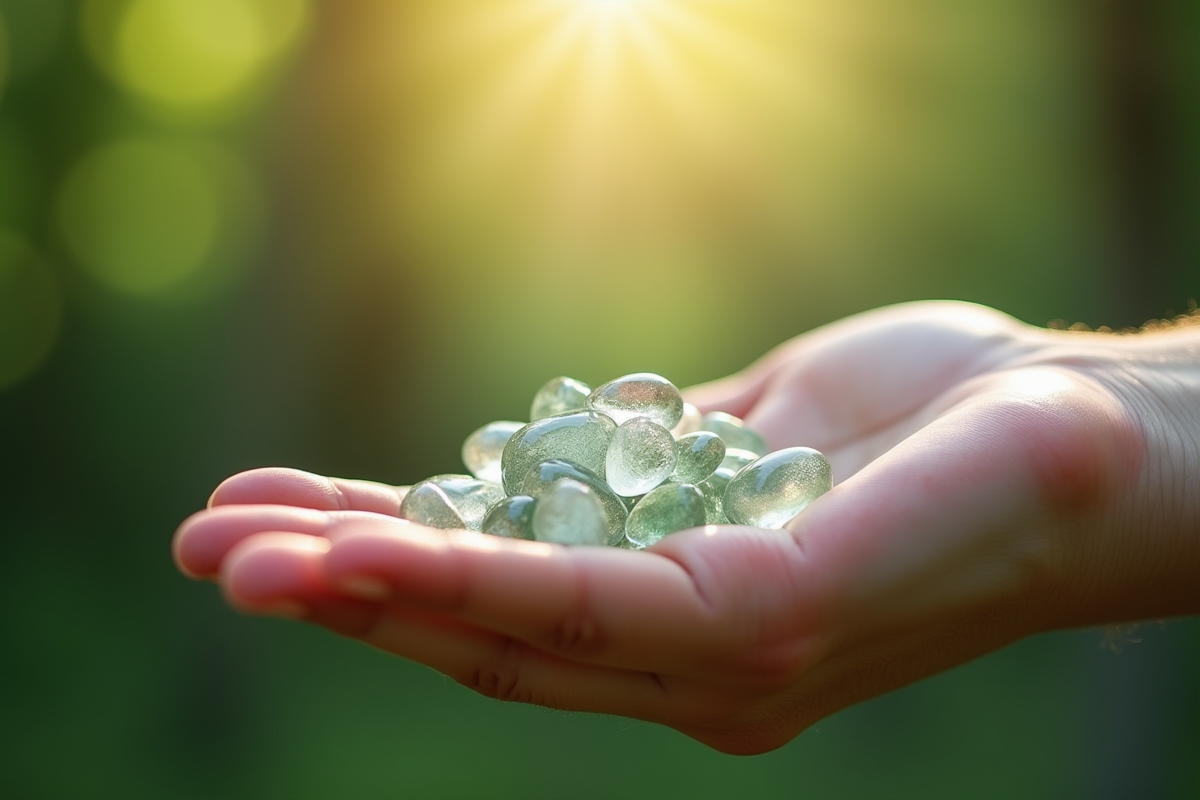 Main tenant des galets translucides dans un environnement naturel