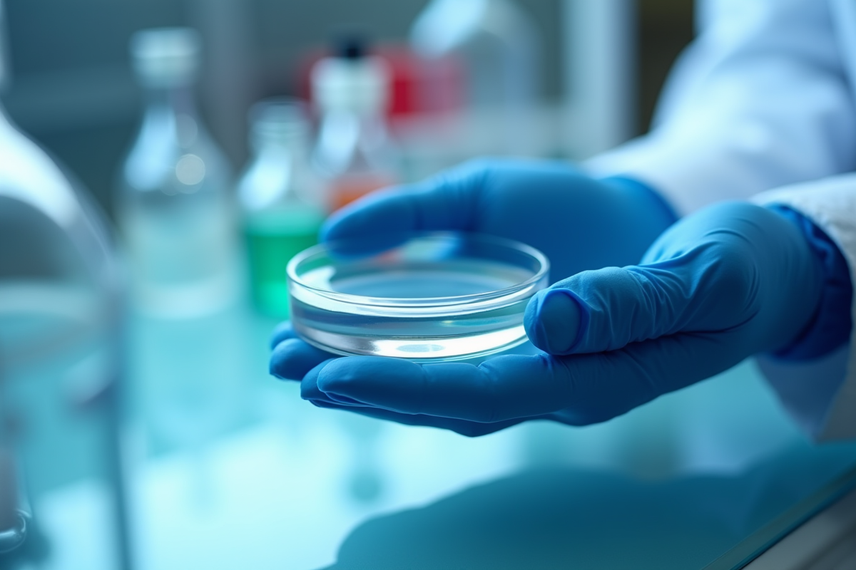 Main en gant bleu tenant une boîte de Petri dans un laboratoire