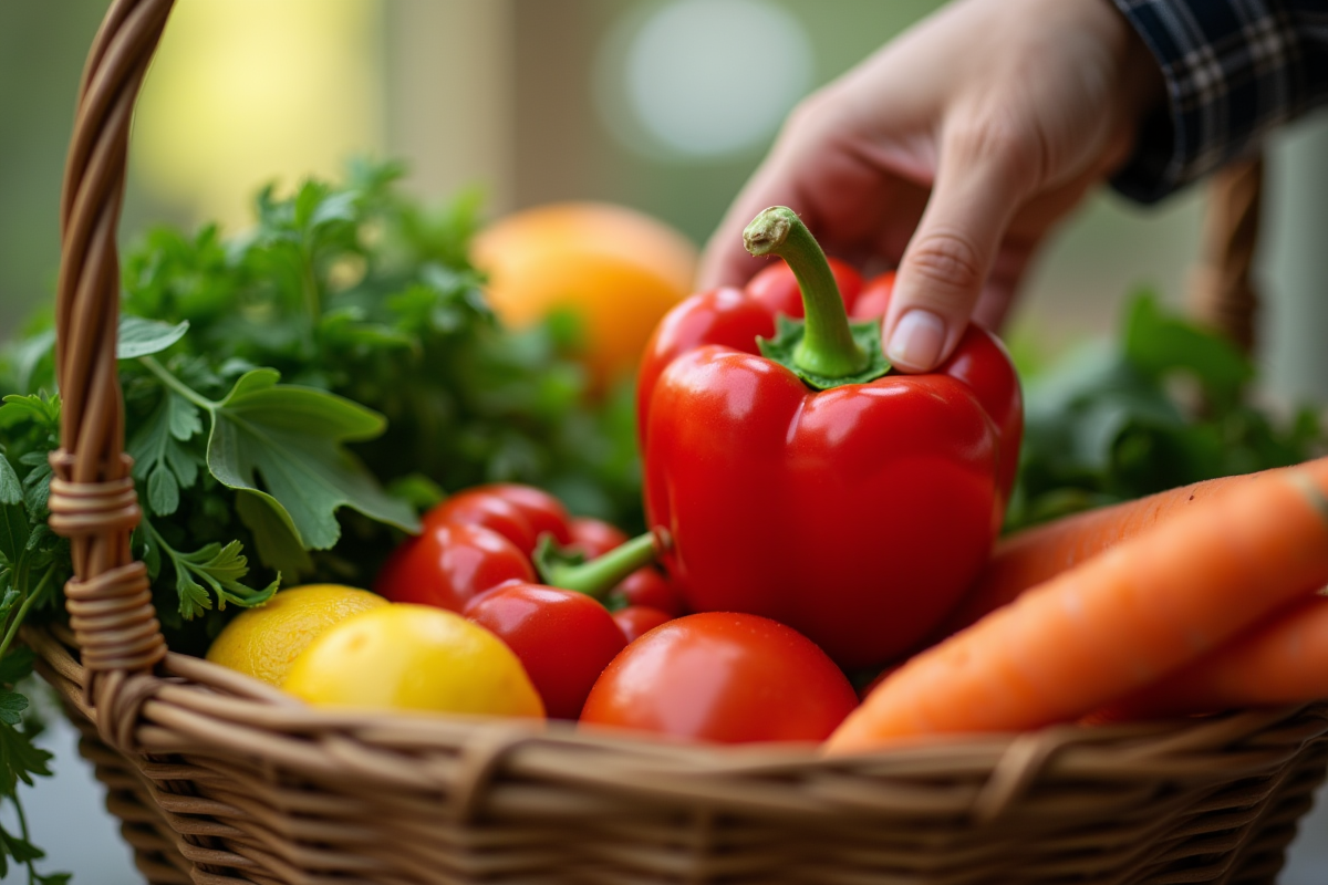 Main choisissant un poivron rouge dans un panier de marché