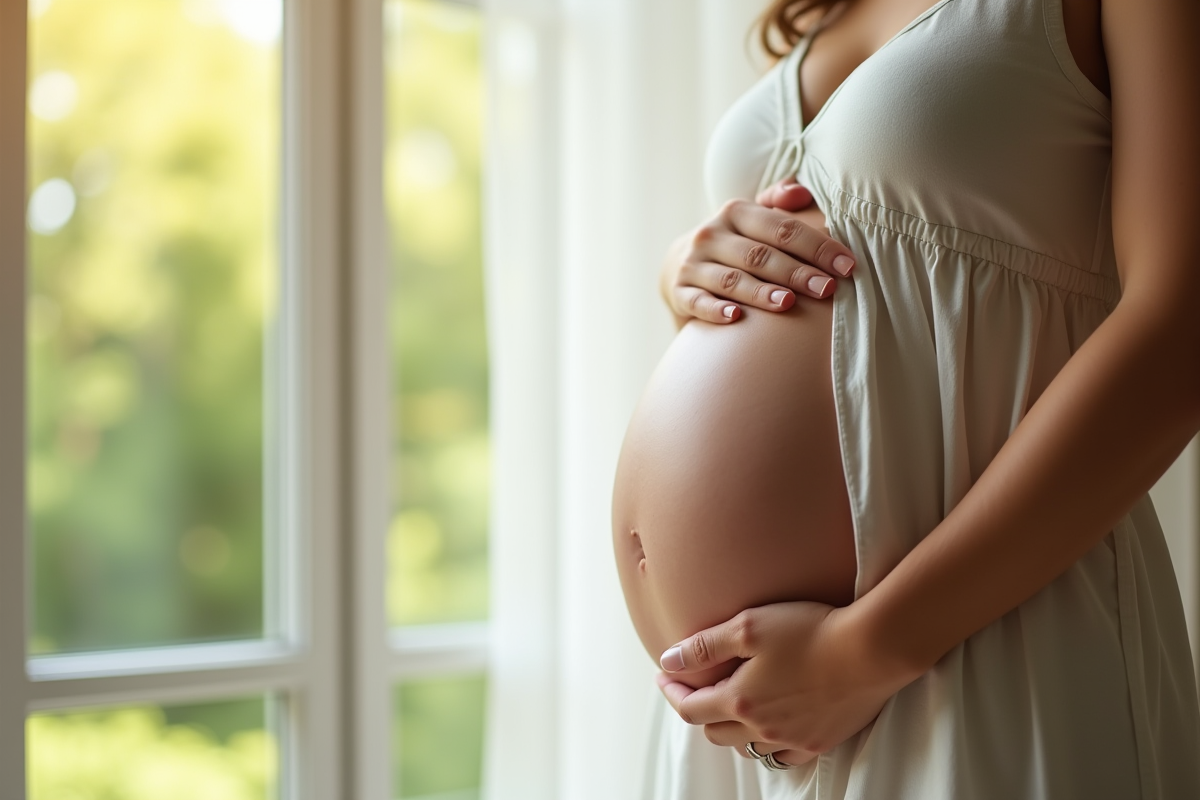 Mains tenant le ventre rond de la femme enceinte
