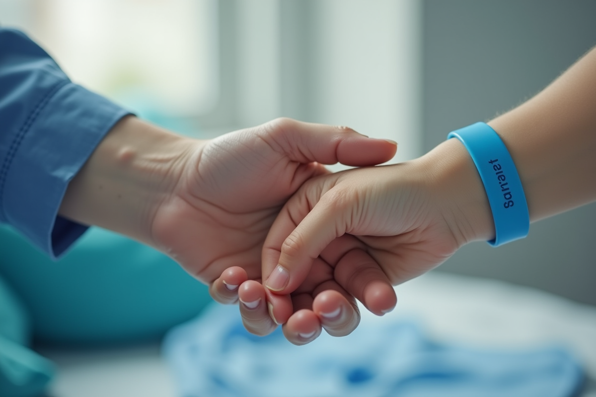 Mains d’un adulte et d’un enfant avec bracelets bleus